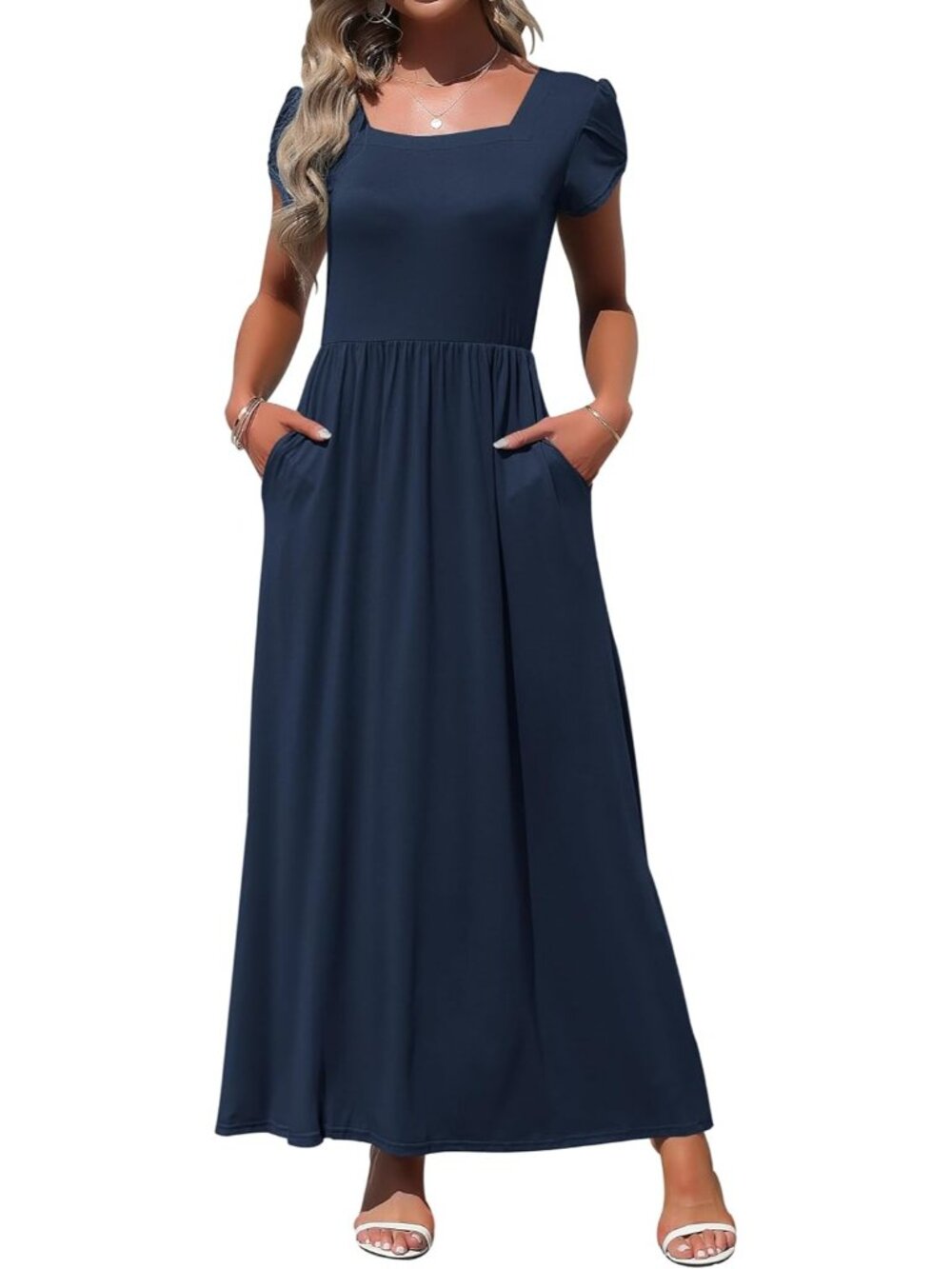 Women's Navy Blue Square Neck Maxi Dress Petal Short Sleeve Casual Long Dress